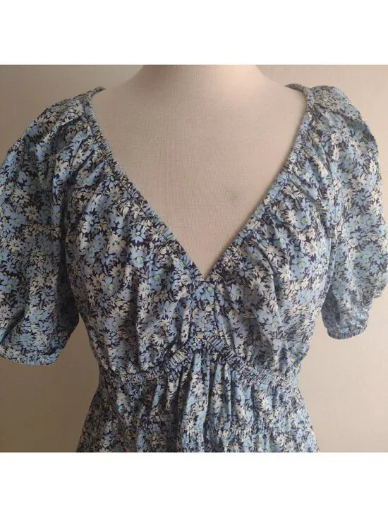 Vineyard Vines Blue Floral Dress L Cotton Puff Sleeves Midi w POCKETS - Picture 7 of 10